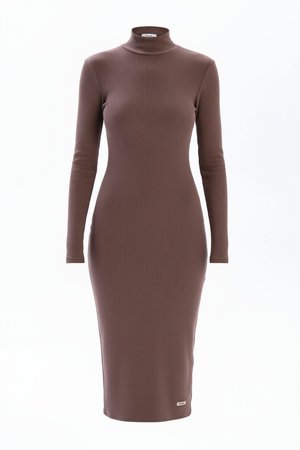Brown Ribbed Turtleneck Long Sleeve Midi Dress