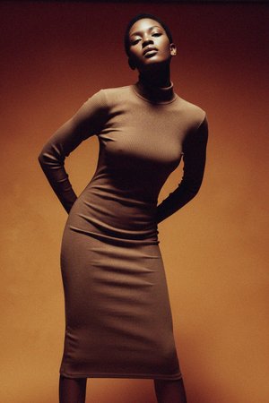 Brown Ribbed Turtleneck Long Sleeve Midi Dress