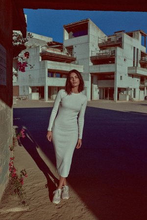 White Ribbed Long Sleeve Midi Dress