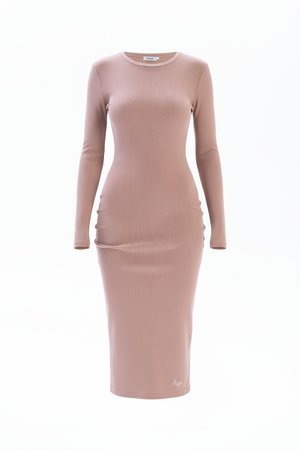Fitted Ribbed Knit Long Sleeve Midi Dress