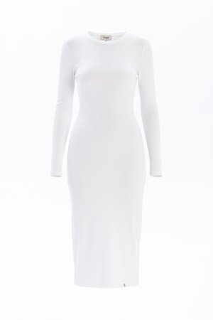 White Ribbed Long Sleeve Midi Dress
