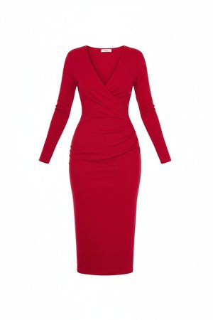 Red V-Neck Long Sleeve Bodycon Midi Dress