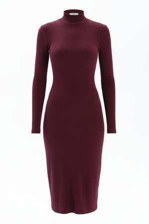 Burgundy Ribbed Knit Turtleneck Midi Dress