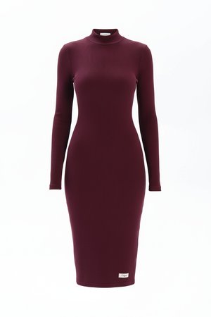 Fitted Ribbed Knit Long Sleeve Mock Neck Midi Dress