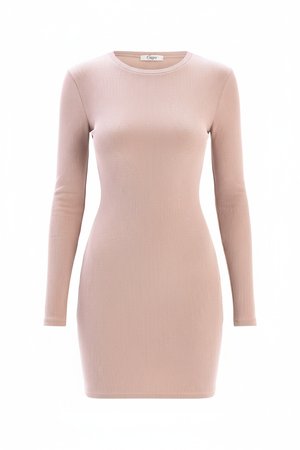 Beige Ribbed Long Sleeve Bodycon Mini Dress