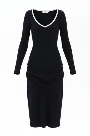 Fitted Black Ribbed Midi Dress with V-Neck Trim