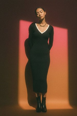 Fitted Black Ribbed Midi Dress with V-Neck Trim