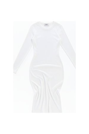 White Ribbed Long Sleeve Midi Dress