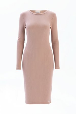 Elegant Beige Ribbed Knit Midi Dress