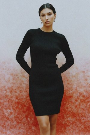 Black Ribbed Long Sleeve Mini Dress