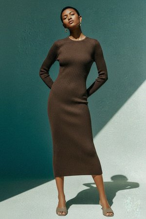 Ribbed Knit Long Sleeve Midi Dress