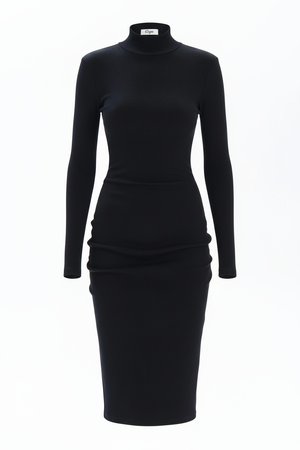 Black Ribbed Turtleneck Long Sleeve Midi Dress
