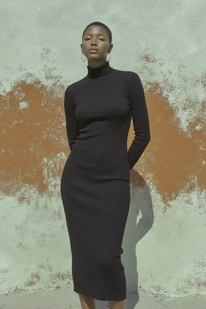 Black Ribbed Turtleneck Long Sleeve Midi Dress