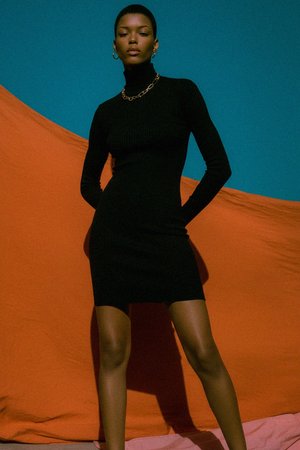 Black Ribbed Turtleneck Mini Dress