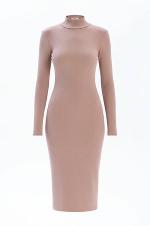 Beige Ribbed Turtleneck Bodycon Midi Dress