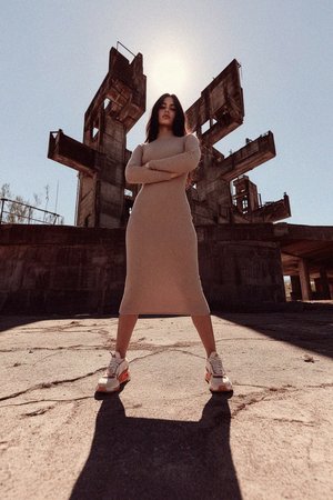 Beige Ribbed Turtleneck Bodycon Midi Dress