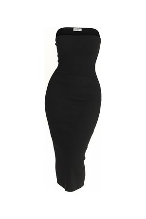 Black Ribbed Strapless Bodycon Midi Dress