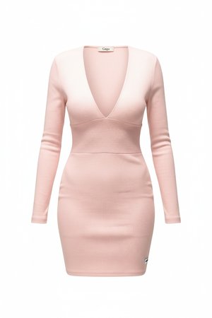 Pink Ribbed V-Neck Fitted Mini Dress
