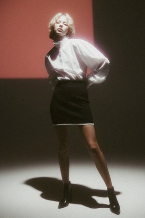 Black Ribbed Mini Skirt with White Trim