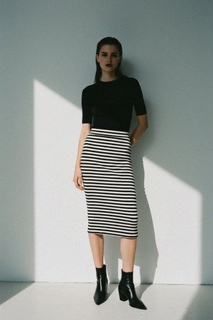 Fitted Black & White Striped Midi Skirt