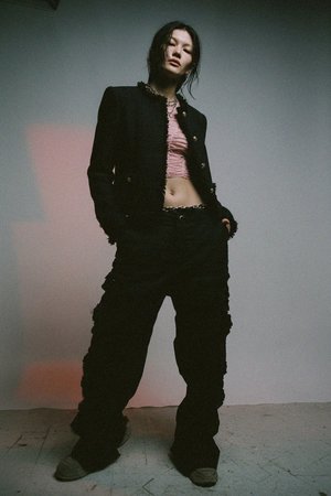 Black Tweed Jacket with Gold Buttons & Fringe Detail