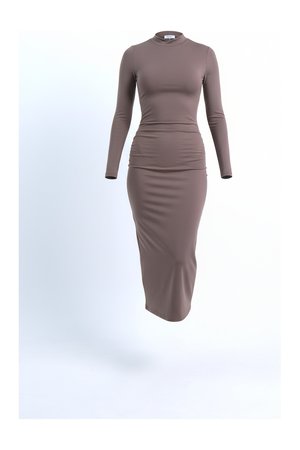 Fitted Mock Neck Long Sleeve Midi Dress