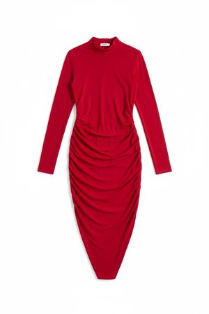 Elegant Red Ruched Long Sleeve Midi Dress