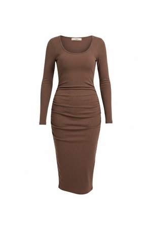 Brown Ribbed Long Sleeve Midi Dress