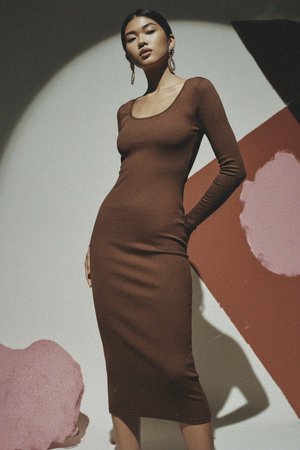 Brown Ribbed Long Sleeve Midi Dress
