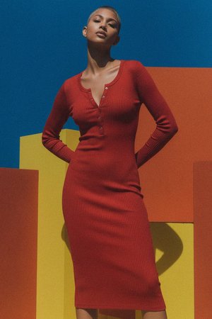 Red Ribbed Henley Long Sleeve Midi Dress