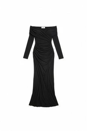 Elegant Black Ruched Off-Shoulder Maxi Dress