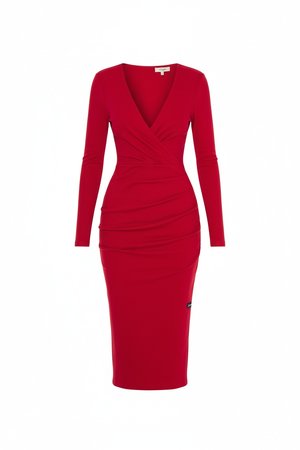 Chic Red V-Neck Long Sleeve Bodycon Midi Dress