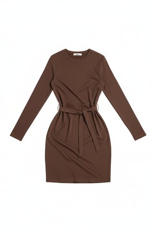 Brown Ribbed Tie-Waist Long Sleeve Mini Dress