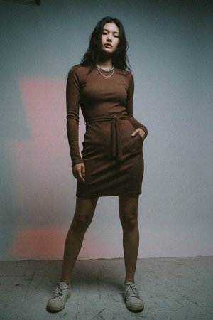 Brown Ribbed Tie-Waist Long Sleeve Mini Dress