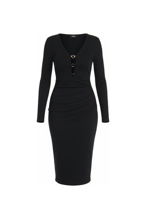 Black Ribbed Midi Dress with Gold Ring V-Neck