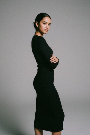 Black Ribbed Midi Dress with Gold Ring V-Neck