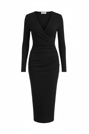 Black V-Neck Long Sleeve Bodycon Midi Dress