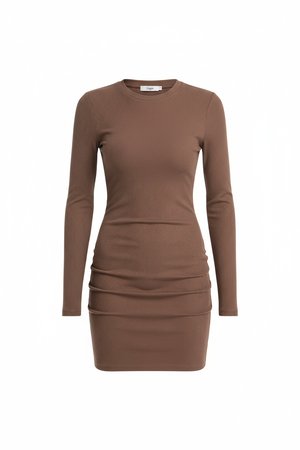 Brown Ribbed Long Sleeve Bodycon Mini Dress