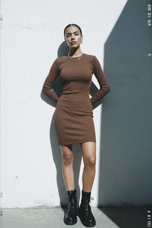 Brown Ribbed Long Sleeve Bodycon Mini Dress