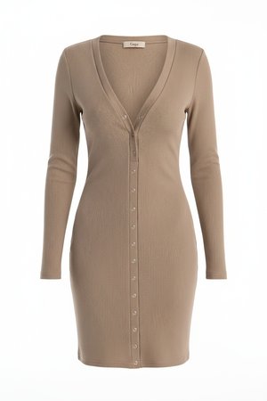 Ribbed Button-Front Long Sleeve Mini Dress