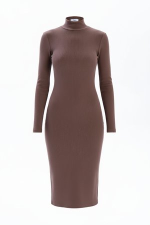 Brown Ribbed Knit Turtleneck Midi Dress
