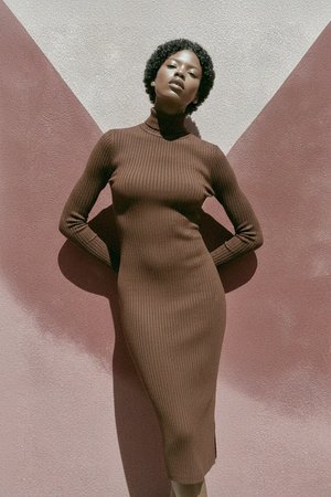 Brown Ribbed Knit Turtleneck Midi Dress