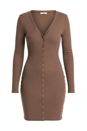 Brown Ribbed Button-Front Long Sleeve Mini Dress
