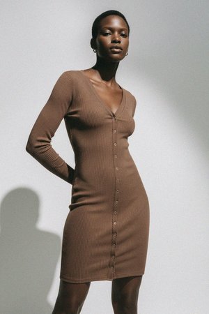 Brown Ribbed Button-Front Long Sleeve Mini Dress