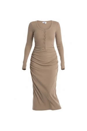 Ribbed Long Sleeve Henley Midi Dress in Beige