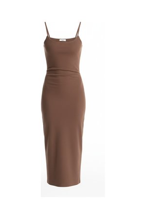 Chic Brown Ribbed Midi Dress with Spaghetti Straps