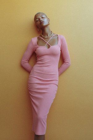 Pink Ribbed Criss-Cross Neck Long Sleeve Midi Dress