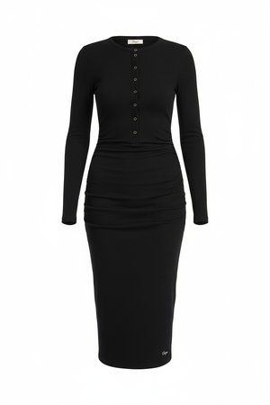 Black Ribbed Long Sleeve Button-Front Midi Dress