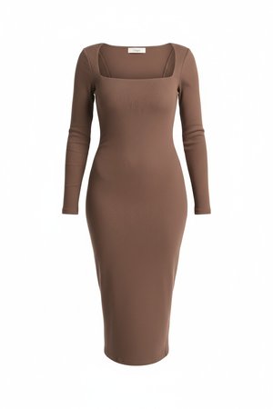 Ribbed Knit Square Neck Fitted Midi Dress