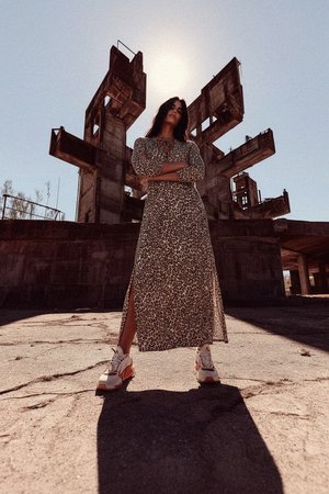 Leopard Print Maxi Dress with Tie-Neck and Side Slits